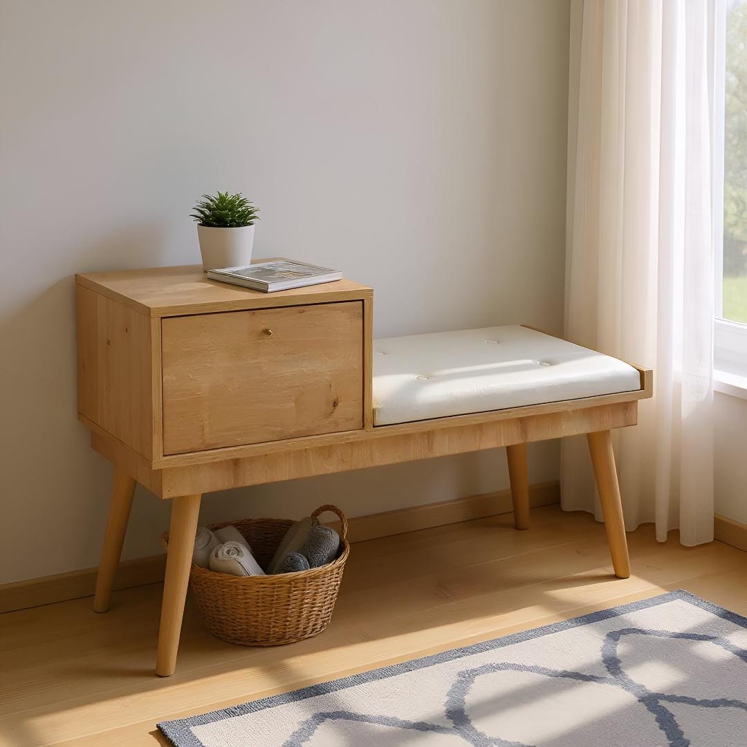 Picture of Entryway Bench With Cushion, Minimalist Modern Wooden Bench, Home Decor ...