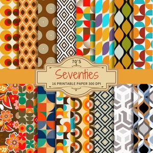 Papier Imprimable Années 70 scrapbooking | Set de 16 Papiers Décoratifs Rétro seventies  | Haute Résolution 300 DPI