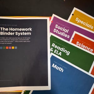 May include: A dark blue binder cover titled The Homework Binder System with white text and a row of colored squares. Beside it are several colorful subject dividers labeled Specials, Social Studies, Science, Reading & ELA, and Math in white.