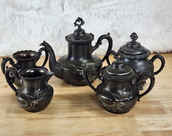 Juego de té antiguo de 7 piezas con tetera