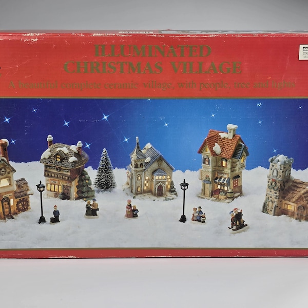 Pueblo navideño vintage de cerámica iluminado de 9 piezas