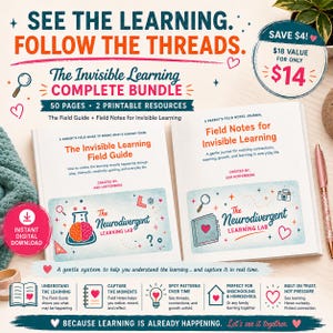 May include: A digital bundle titled The Invisible Learning Complete Bundle featuring two books: The Invisible Learning Field Guide and Field Notes for Invisible Learning. The cover art includes a brain in a beaker, a journal, and hearts.