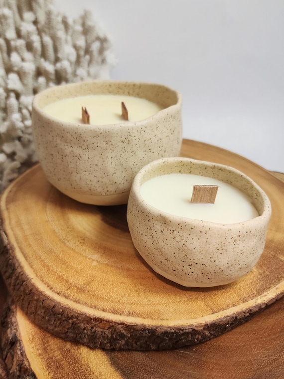 Handmade Ceramic Wood Wick Candles- Soy Wax + Pure Essential Oils- Orange & Vanilla