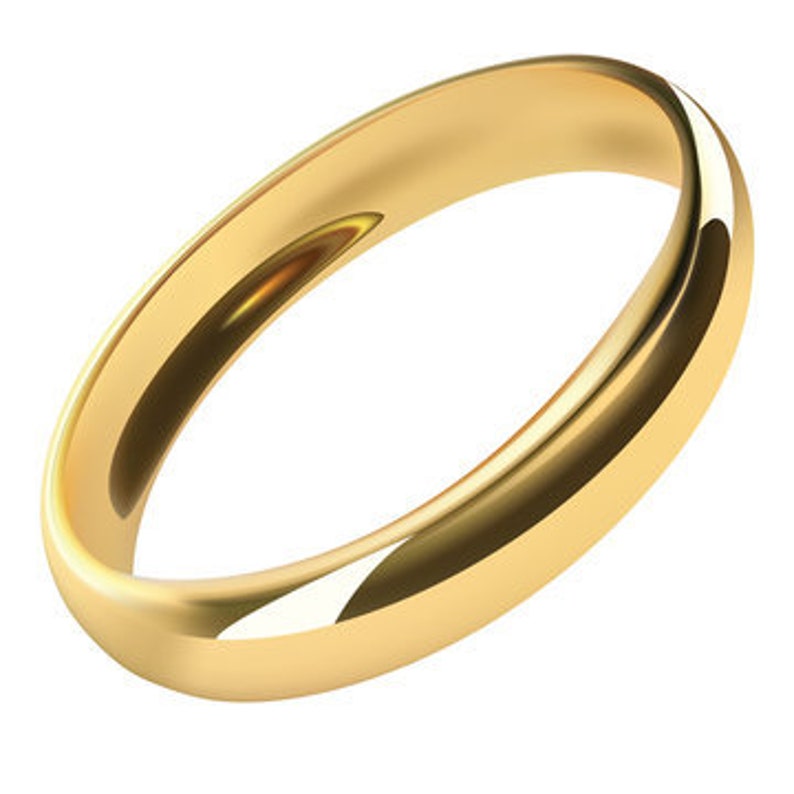 May include: A gold wedding band with a smooth, polished surface. The ring has a rounded profile and reflects light, creating highlights and shadows. The band is a simple, classic design.