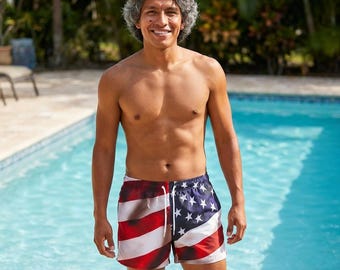 Men's American Flag Swim Trunks, Patriotic Polyester Boardshorts, Fourth of July Beachwear