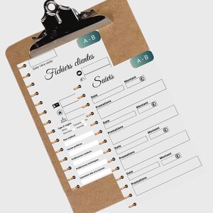 Peut inclure: Un presse-papiers avec un formulaire PDF imprimé pour le suivi des clients. Le formulaire comprend des sections pour les informations sur le client, les dates, les services et les montants. Le texte comprend "Suivis clientes" et "Spécial prothésiste ongulaire."