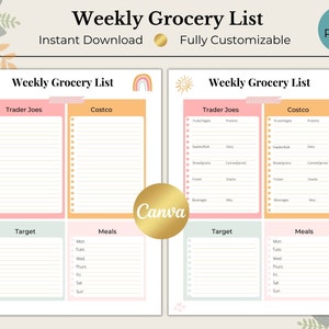 May include: Printable weekly grocery list template with sections for Trader Joe's, Costco, Target, and meals. The template features a colorful design with a sun, rainbow, and hearts.