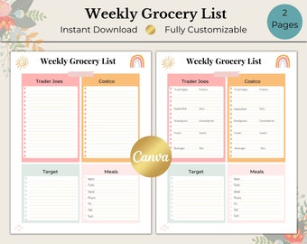 Weekly grocery list, grocery list printable, grocery list, grocery list editable, grocery list template