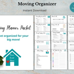 May include: A printable moving planner packet with 43 pages. The packet includes checklists, budget worksheets, and other helpful forms to organize a move. The cover features a teal house with the text "Home Sweet Home".
