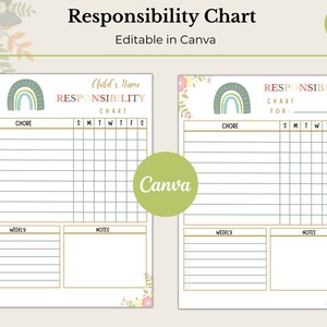 May include: Printable responsibility chart with a rainbow design. The chart includes a space for a child's name, a list of chores, and a calendar to track daily tasks. There are also sections for weekly tasks and notes.