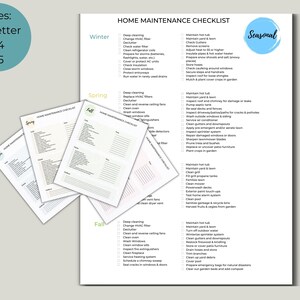 May include: A printable home maintenance checklist with sections for winter, spring, fall, and seasonal tasks. The checklist includes tasks such as deep cleaning, changing HVAC filters, inspecting roofs and chimneys, and preparing for natural disasters.