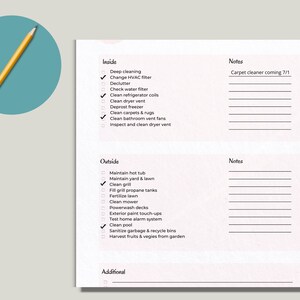 May include: A checklist with two sections: Inside and Outside. The Inside section includes tasks like deep cleaning, changing the HVAC filter, and cleaning the refrigerator coils. The Outside section includes tasks like maintaining the hot tub, cleaning the yard and lawn, and cleaning the grill. The checklist also includes a Notes section for each section.