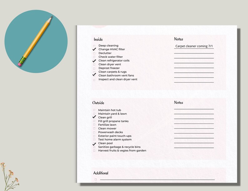 May include: A checklist with two sections: Inside and Outside. The Inside section includes tasks like deep cleaning, changing the HVAC filter, and cleaning the refrigerator coils. The Outside section includes tasks like maintaining the hot tub, cleaning the yard and lawn, and cleaning the grill. The checklist also includes a Notes section for each section.