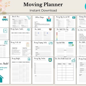 May include: A printable moving planner with 43 pages. The planner includes checklists, trackers, and worksheets to help you organize your move. The pages are white with blue and green accents. The planner is titled "Moving Planner" and "Instant Download".