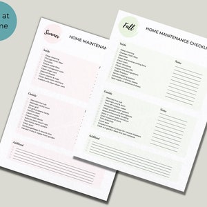 May include: A printable home maintenance checklist with sections for summer and fall. The checklist includes tasks for inside and outside the home, such as deep cleaning, changing HVAC filters, maintaining hot tubs, and preparing for winter.