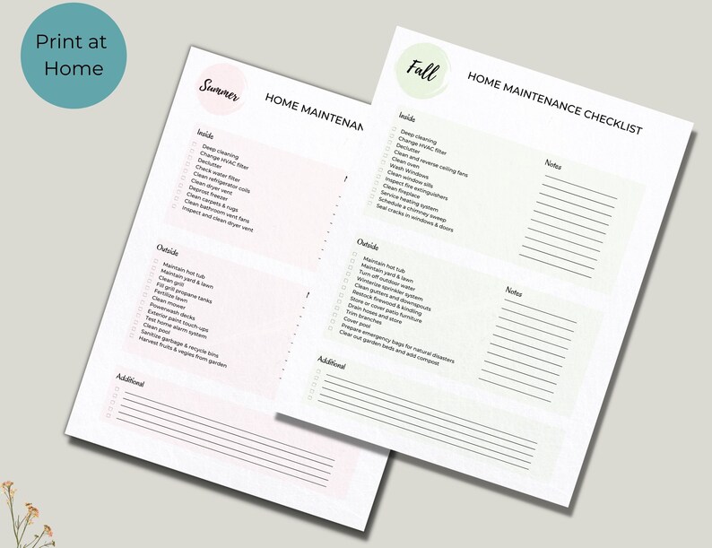 May include: A printable home maintenance checklist with sections for summer and fall. The checklist includes tasks for inside and outside the home, such as deep cleaning, changing HVAC filters, maintaining hot tubs, and preparing for winter.