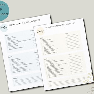 May include: A printable home maintenance checklist for the seasons of winter and spring. The checklist is divided into sections for inside and outside tasks. The checklist includes tasks such as deep cleaning, changing HVAC filters, and maintaining hot tubs.