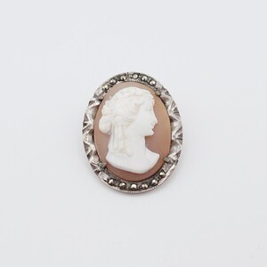 Vintage Shell Cameo and Marcasite Pendant in 980 Silver with Swag Border and Hinged Bail - Worldwide Shipping