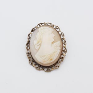 May include: Oval cameo brooch featuring a profile of a woman in cream-colored relief. The cameo is set in a decorative, filigree-style metal frame. The brooch is a classic piece of jewelry.
