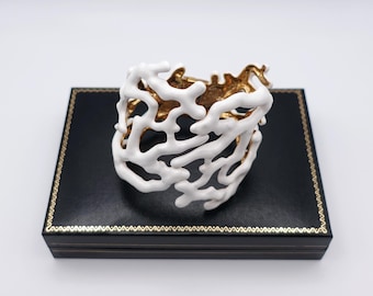 Signed KJL White Coral Hinge Bangle by Kenneth Jay Lane with Enamel on Gold Tone Metal - Statement Piece - Worldwide Postage