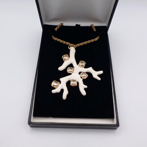 Signed KJL White Coral Pendant Necklace by Kenneth Jay Lane with Enamel on Gold Tone Metal - Statement Piece - main photo