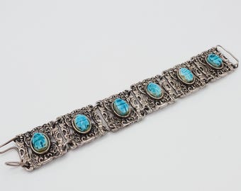 Stunning Vintage Egyptian Scarab Beetle and Silver Tone Panel Bracelet - Worldwide Shipping
