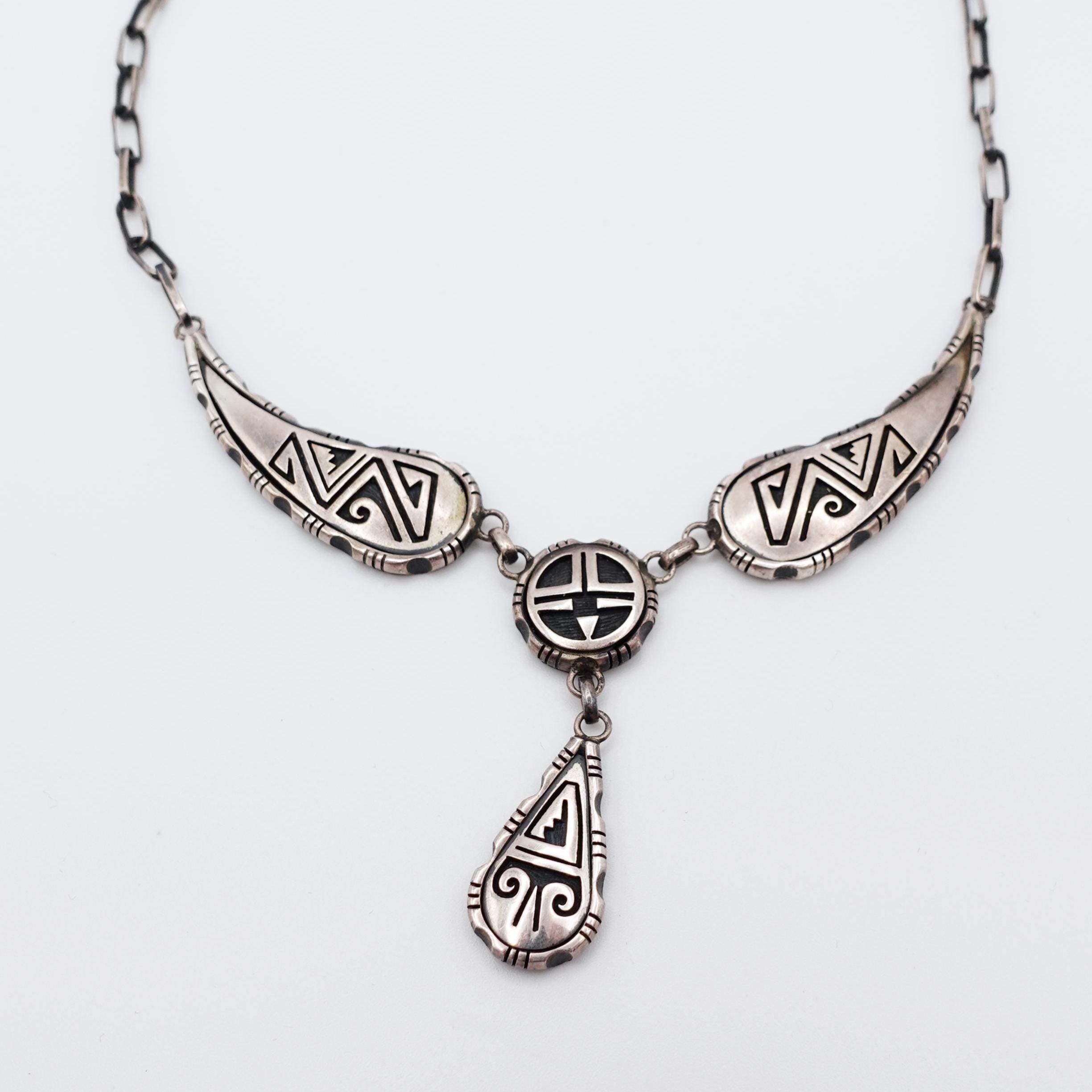アクセサリー Hopi vintage silver pendant Vintage Hopi Silver Overlay Necklace With Paperclip Chain - Native