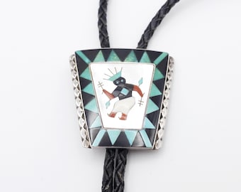 Vintage Native American Zuni Bolo Tie by Tony Ohmsatte of Apache Dancer Inlaid Gemstones in Silver with Leather Cord - Worldwide Shipping