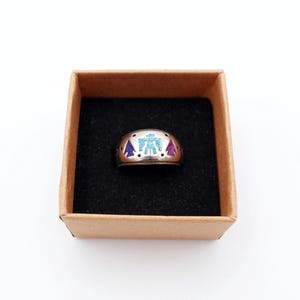 Vintage Native American Inlaid Silver Ring with Turquoise Thunderbird Signed CJ Carlisle Jewellery Albuquerque Size R.5, 59, 19