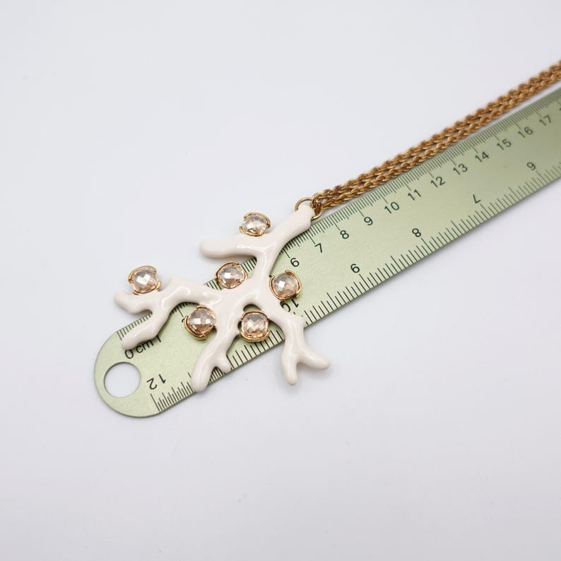 Signed KJL White Coral Pendant Necklace by Kenneth Jay Lane with Enamel on Gold Tone Metal - Statement Piece - with ruler showing pendant height in cm