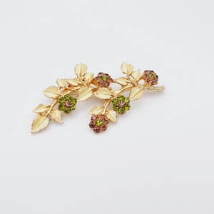 Huge Vintage Leaf and Flower Brooch with Cream Enamel and Crystals in Gold Tone Metal c. 1960s - Worldwide Shipping