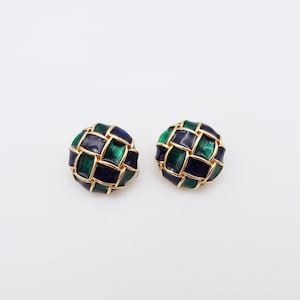 Vintage D&#39;Orlan Enamel and Gold Plated Clip-On Earrings with Blue and Green Check Design - Worldwide Shipping