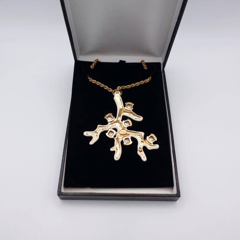Signed KJL White Coral Pendant Necklace by Kenneth Jay Lane with Enamel on Gold Tone Metal - Statement Piece - in box, back of pendant