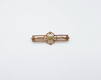 Stunning Art Nouveau to Deco Gilt Geometric Bar Brooch with Green Rhinestone and C-Clasp - Worldwide Shipping