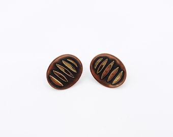 Signed Hogan Bolas Copper Screw Back Earrings - Modernist Design - Worldwide Shipping