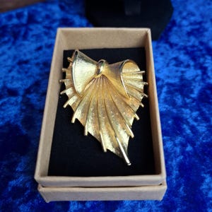 Puede incluir: Un broche dorado en forma de lazo con un diseño texturizado en forma de abanico. El broche se muestra en una caja marrón con un interior negro.
