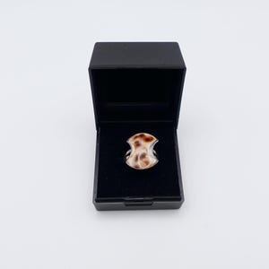 Könnte beinhalten: Ein Ring aus brauner und weißer Muschel in einer schwarzen Ringbox.