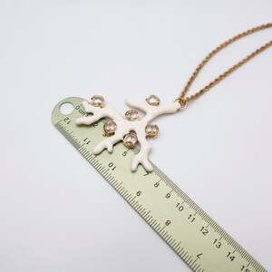 Signed KJL White Coral Pendant Necklace by Kenneth Jay Lane with Enamel on Gold Tone Metal - Statement Piece - with ruler showing pendant width in cm