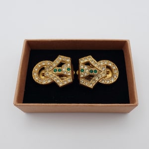 Art Deco Gold Tone Dress Clip Pair with Clear and Emerald Green Rhinestones - Free UK Shipping