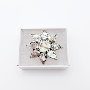 Vintage Abalone Shell Sun Brooch in Alpaca Silver Marked and in Presentation Box - Worldwide Postage
