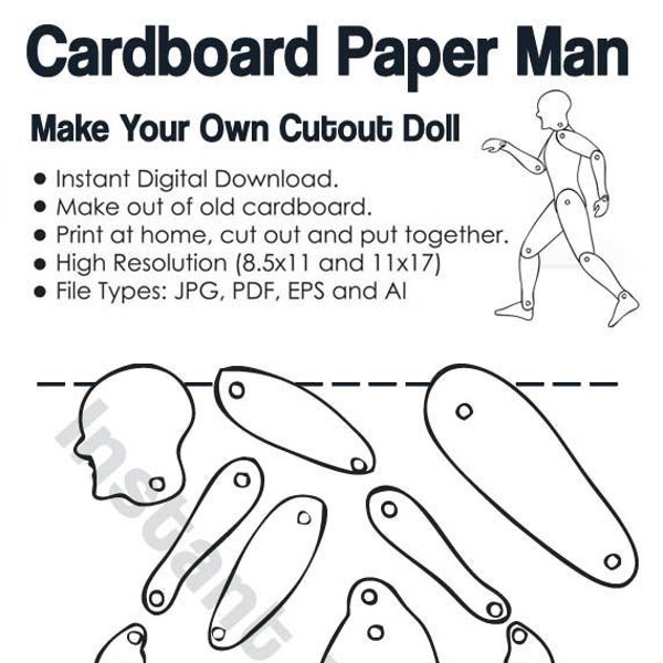 Paper Craft Cutout Man Template - Cut on paper or cardboard - Paper doll DIY project - INSTANT DOWNLOAD (09854)
