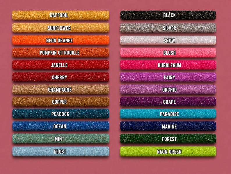 Puede incluir: Una carta de colores con dos columnas de varillas horizontales con textura de purpurina. La columna izquierda incluye las etiquetas: Daffodil, Sunflower, Neon Orange, Pumpkin Citrouille, Janelle, Cherry, Champagne, Copper, Peacock, Ocean, Mint y Frost.