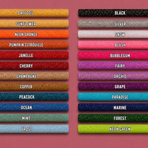 May include: A color chart featuring two columns of horizontal glitter-textured rods. The left column includes labels: Daffodil, Sunflower, Neon Orange, Pumpkin Citrouille, Janelle, Cherry, Champagne, Copper, Peacock, Ocean, Mint, and Frost.