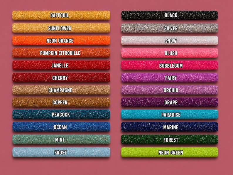 May include: A color chart featuring two columns of horizontal glitter-textured rods. The left column includes labels: Daffodil, Sunflower, Neon Orange, Pumpkin Citrouille, Janelle, Cherry, Champagne, Copper, Peacock, Ocean, Mint, and Frost.