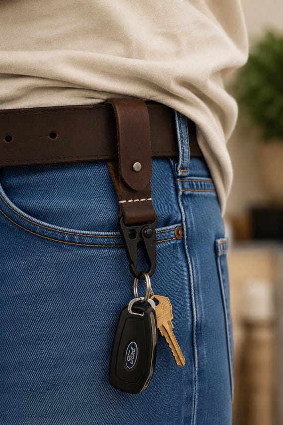 Slim leather belt-loop key clip that keeps your keys silent, organized, and quick-draw accessible — the kind of EDC upgrade most guys never think to buy themselves.