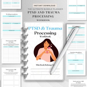 May include: A white workbook with a pink and blue design. The cover features a woman with brown hair holding her hands over her heart. The title of the workbook is "PTSD & Trauma Processing Workbook".