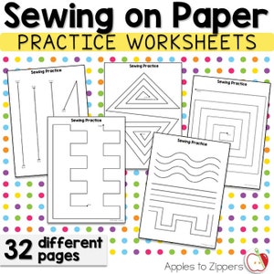 May include: A set of 32 printable sewing practice worksheets for children. The worksheets feature various shapes, lines, and patterns to help children practice their sewing skills. The title "Sewing on Paper Practice Worksheets" is at the top of the page.