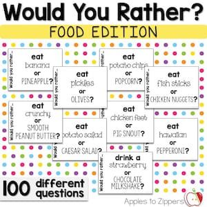 Può includere: Un gioco stampabile colorato con 100 diverse domande « Preferiresti...? » sul cibo. Le domande sono scritte su carte bianche con uno sfondo a pois colorati. Le carte sono disposte in una griglia. Il titolo del gioco è « Preferiresti...? Edizione cibo ».