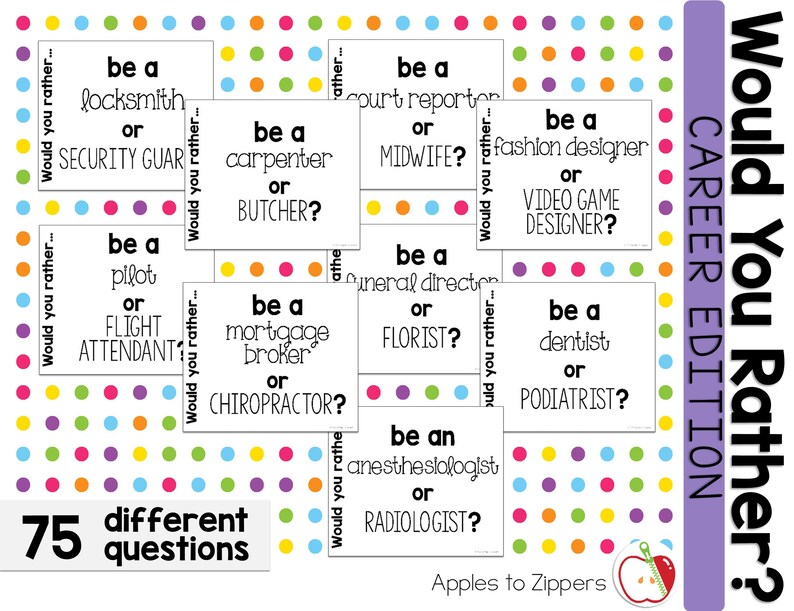 Pu&ograve; includere: Un gioco stampabile con 75 domande del tipo "Preferiresti...?" su diverse carriere. Le domande sono stampate su carte colorate con uno sfondo a pois. Il gioco si intitola "Would You Rather? Career Edition".