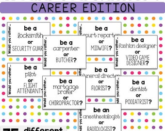 May include: A colorful game card set with the text "Would You Rather? Career Edition". The cards feature different career choices with the question "Would you rather..." printed on each card.